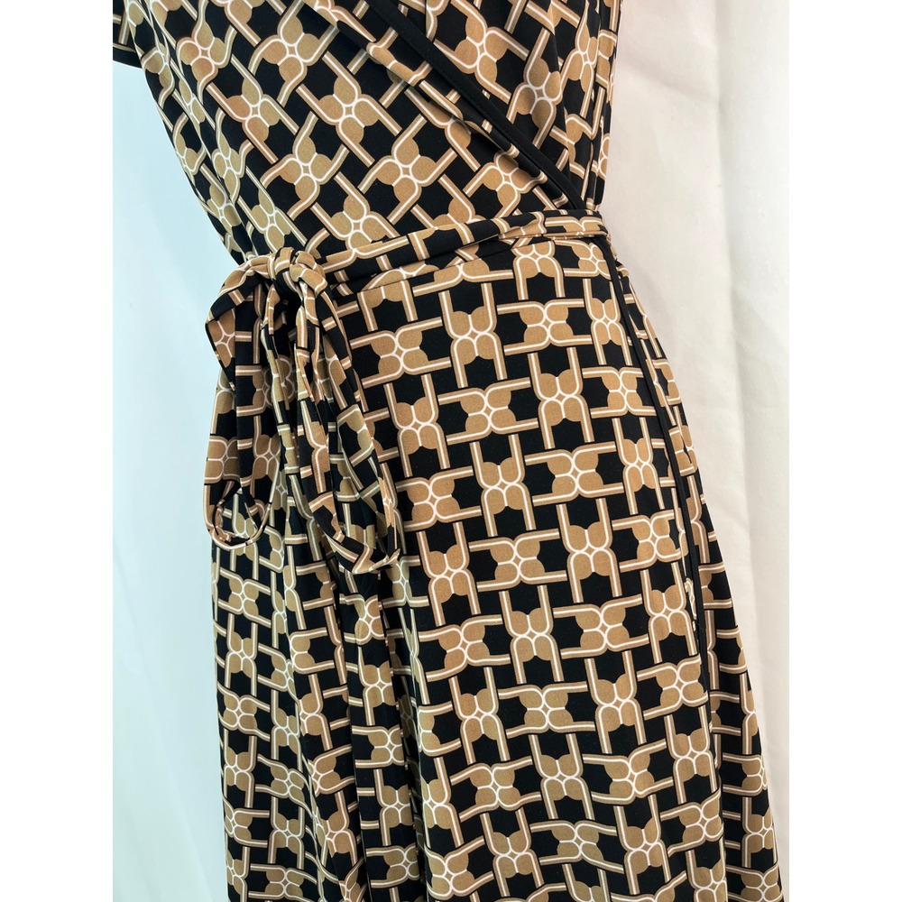 Women's Geometric Wrap Midi Dress Short Puff Sleeves S Secretary 50's Church - Picture 8 of 13